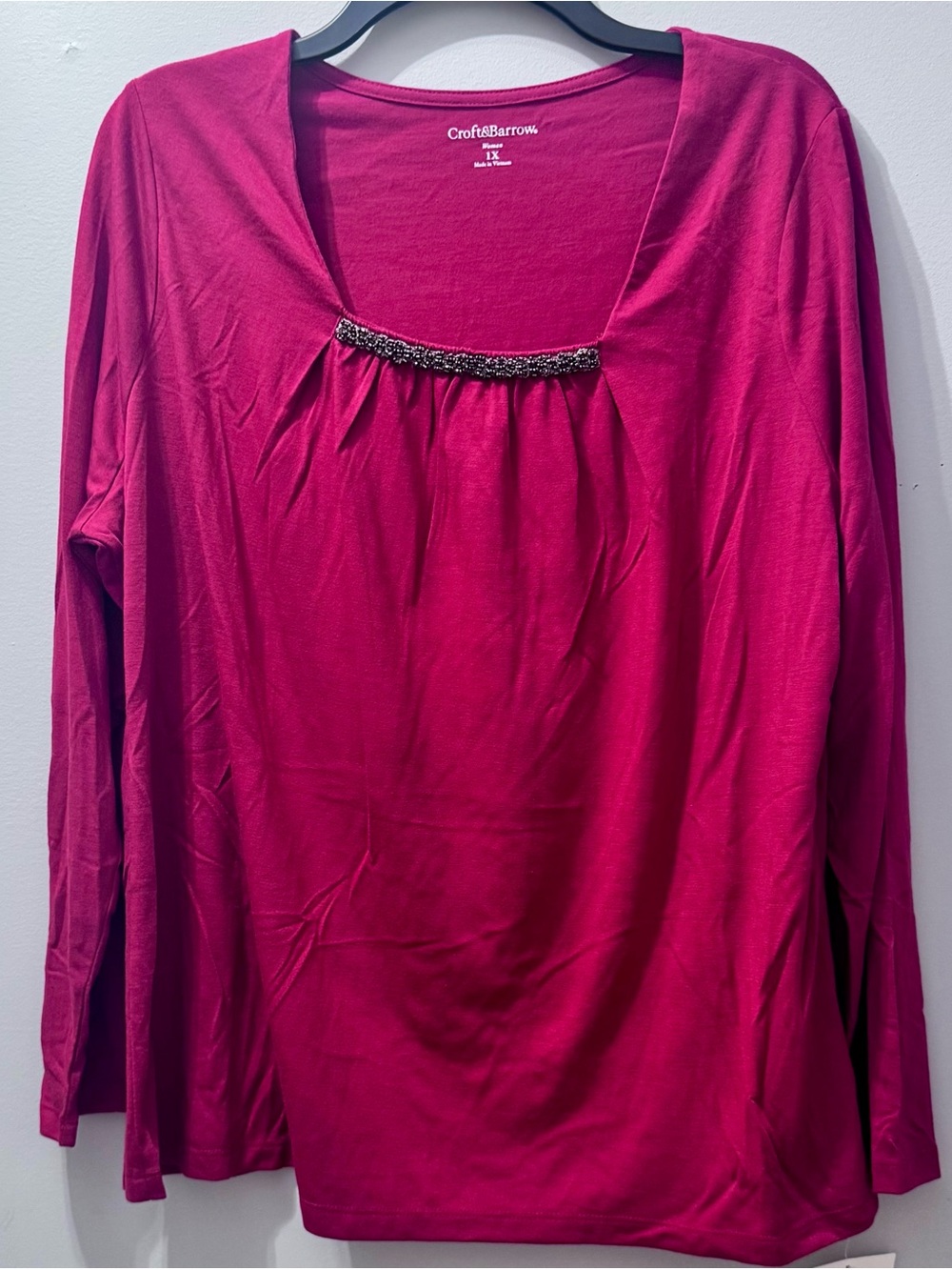 Croft & Barrow Women's Red Long-Sleeve Top w Embellishment, Size 1X, NWT